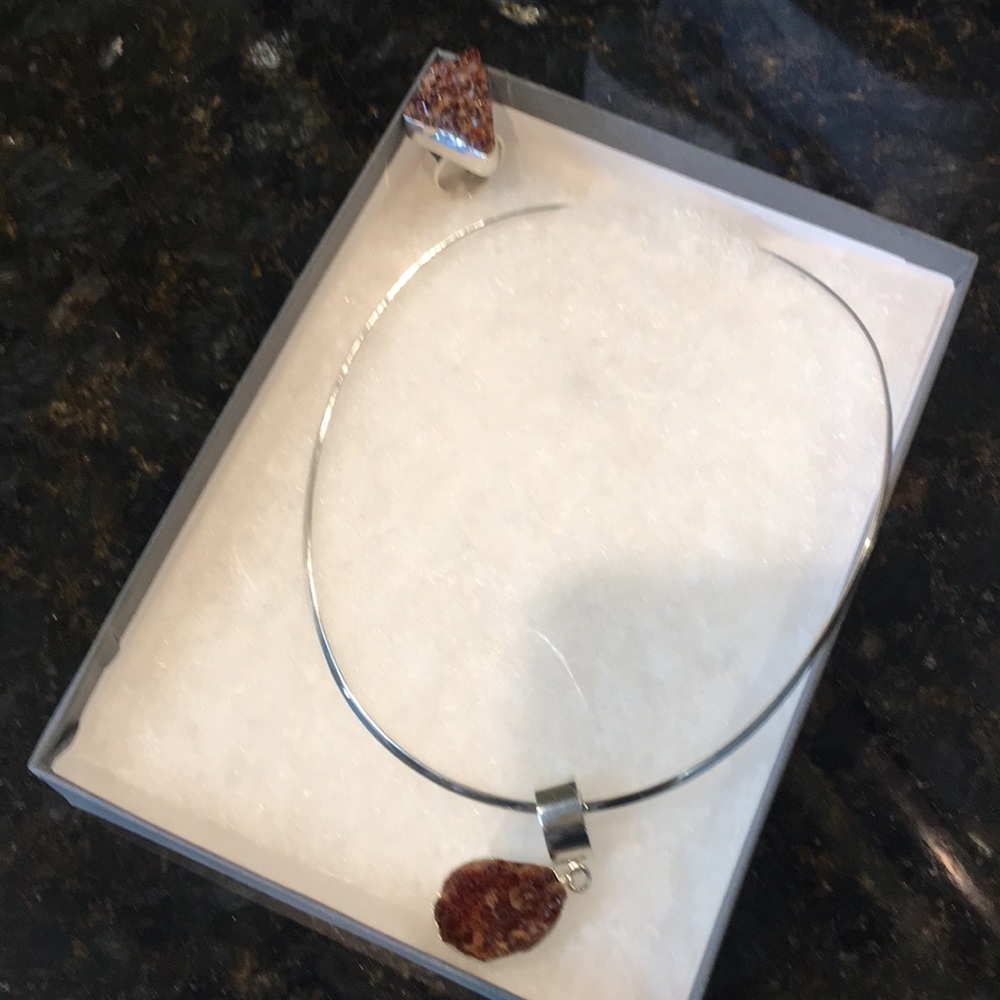 Amber Quartz Solid Silver Necklace Adjustable Ring - image 1